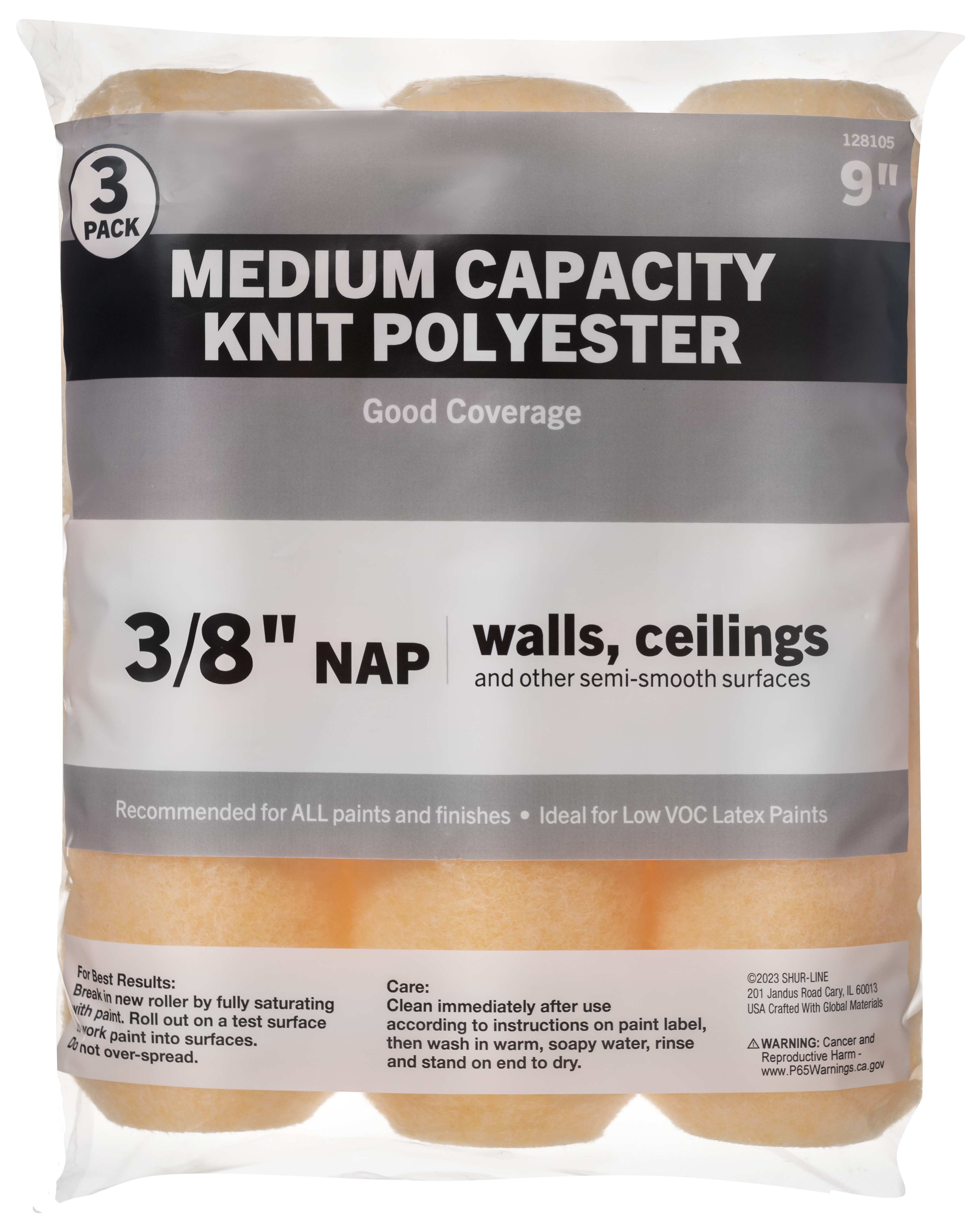 Good 3PK, 9” Knit Polyester Roller Cover 3/8