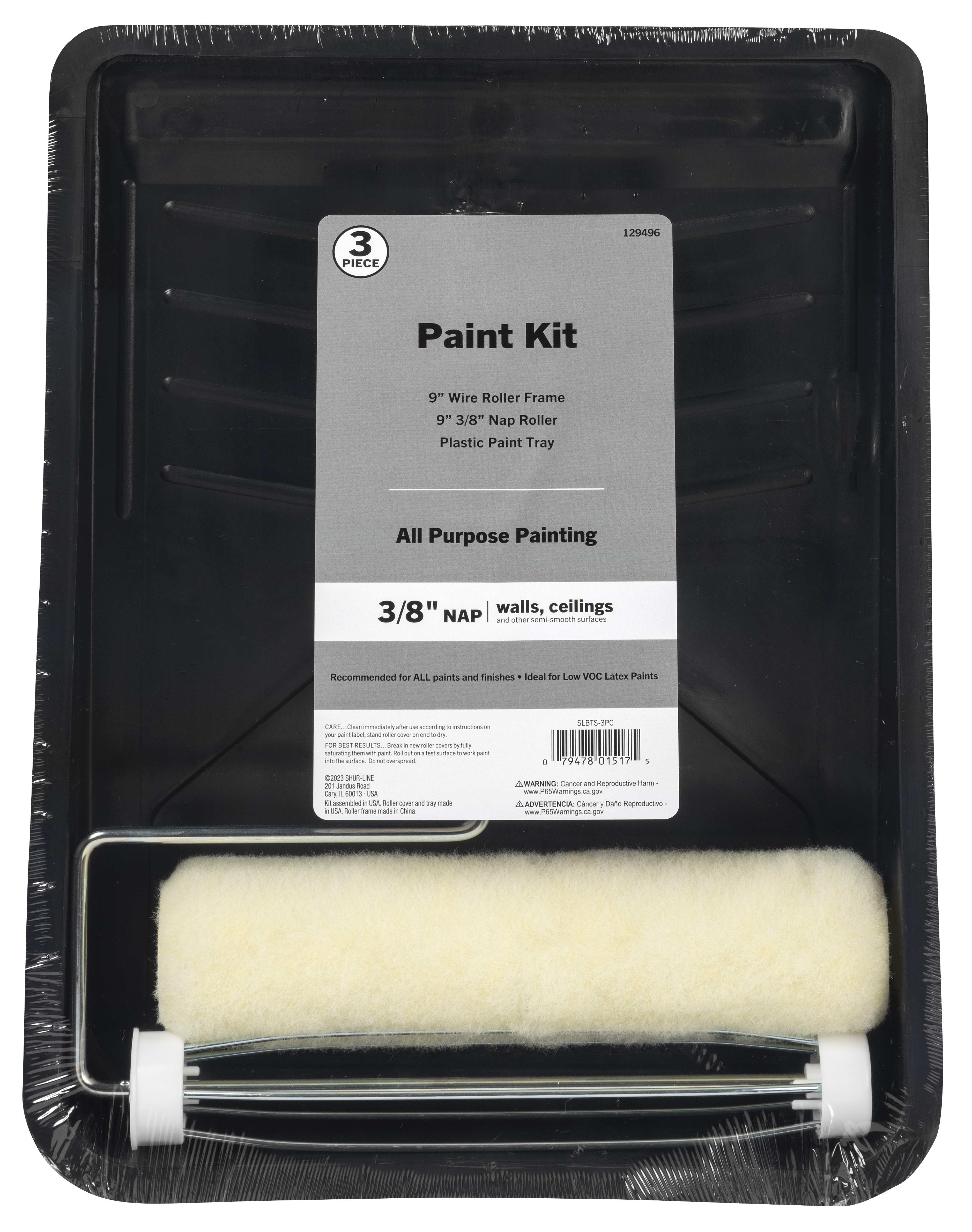 Basic 3PC Plastic Tray Set: 9”, 3/8” Nap Roller Cover, 4-Wire Frame & Plastic Paint Tray