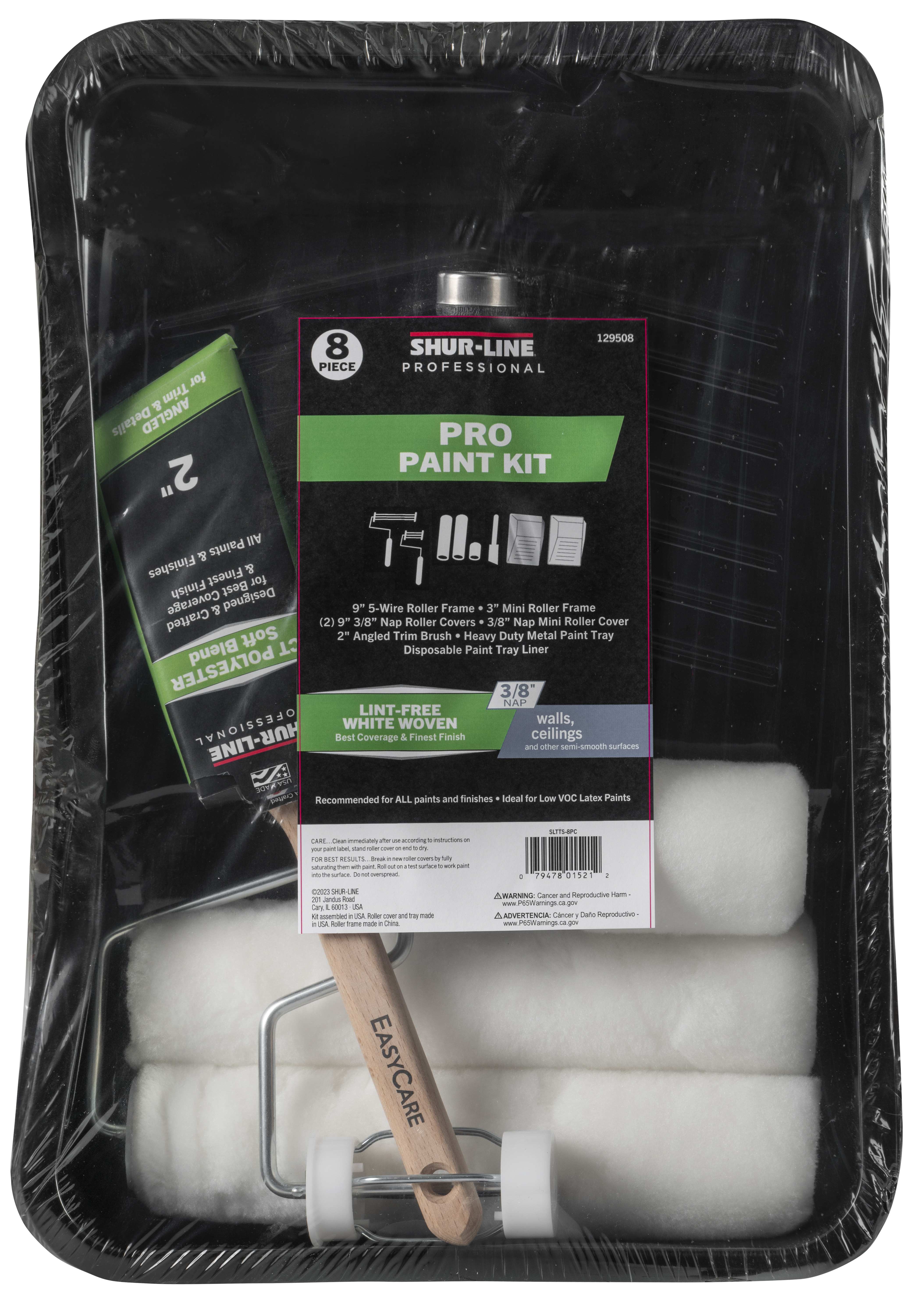 Pro 8PC, Metal Tray Set: 2 - 9” x 3/8” Woven Cover, 9” 5-Wire Roller Frame, Deep Well Metal Tray, 2’’ Angle Brush, 2 - 3” Trim Covers, 3” Trim Roller Frame