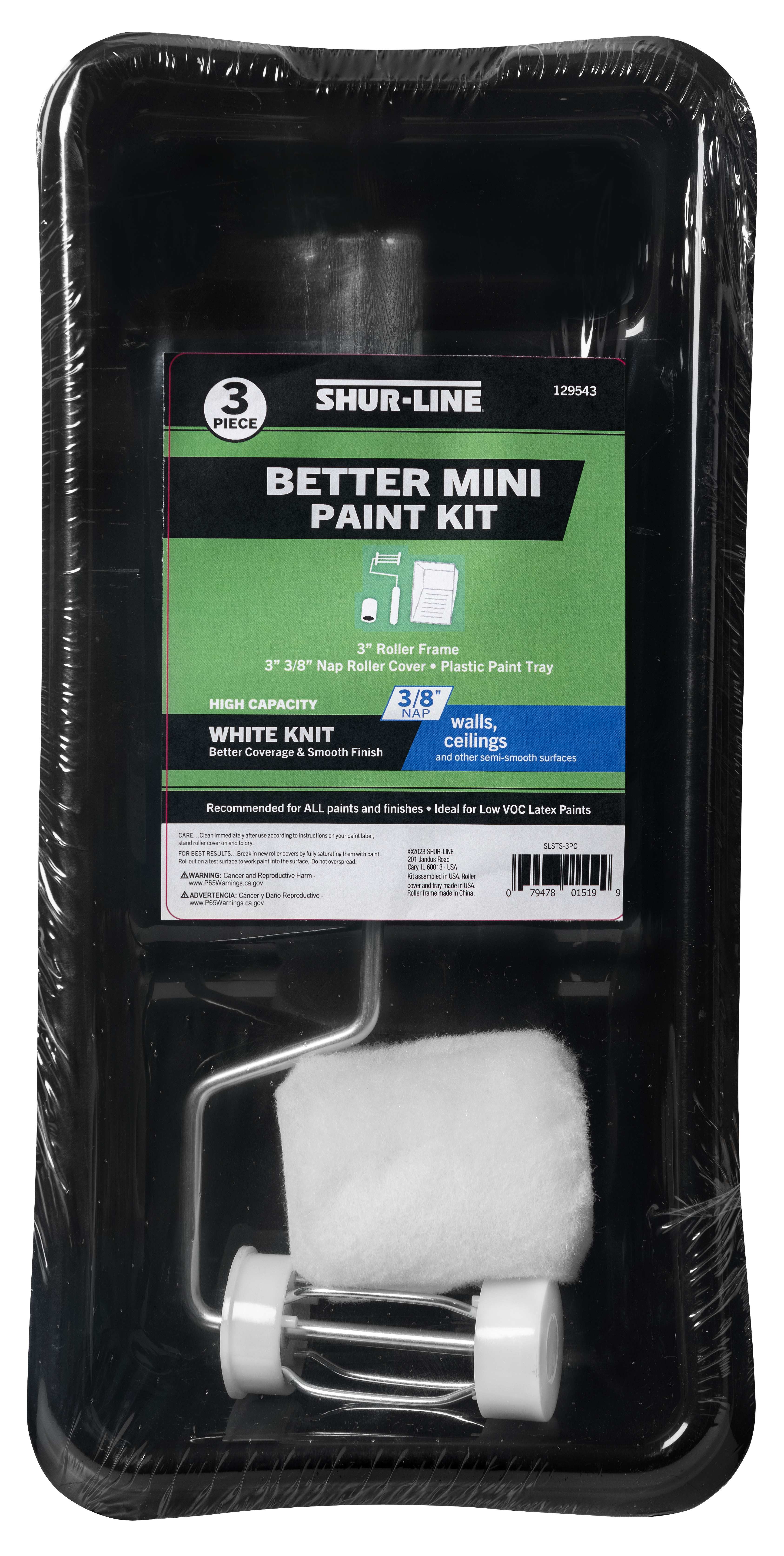 Better 3PC Trim Paint Kit: 3” Roller Frame, 3” x 3/8” Roller Cover, Plastic Paint Tray