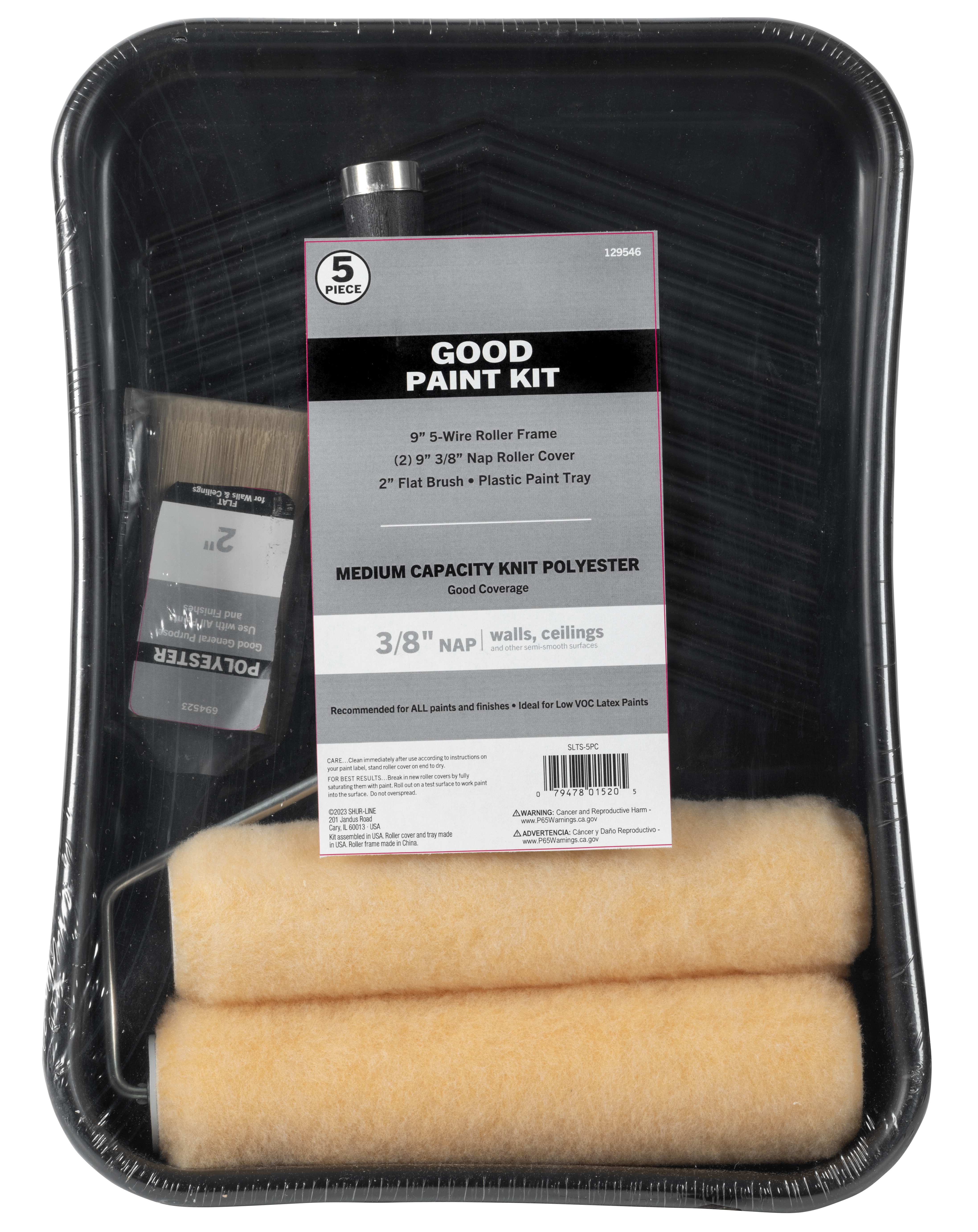 Good 5PC Plastic Tray Set: 2 - 9” x 3/8” Nap Knit Roller Cover, 5-Wire Roller Frame, Plastic Paint Tray & 2” Brush