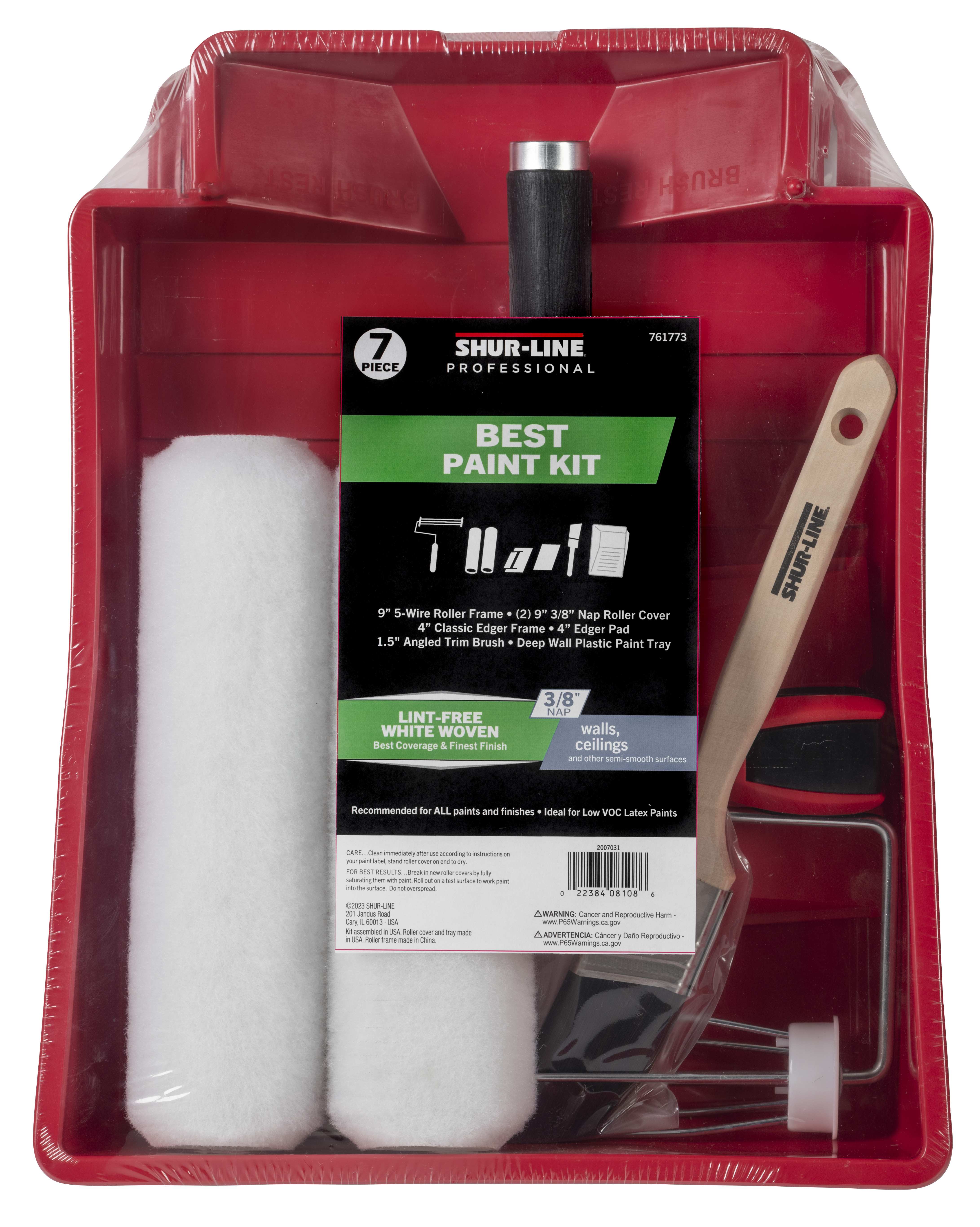 Best 7PC, Paint+Primer Tray Set: 2 - 9” x 3/8” Knit Cover, 9” Roller Frame & 1.5” Trim Brush, Classic Edger, Deep Well Plastic Paint Tray